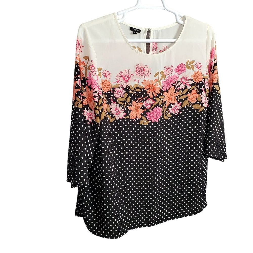 Talbots Size 2X Blouse Pullover Floral Polka Dot Lightweight Long Sleeves Black
